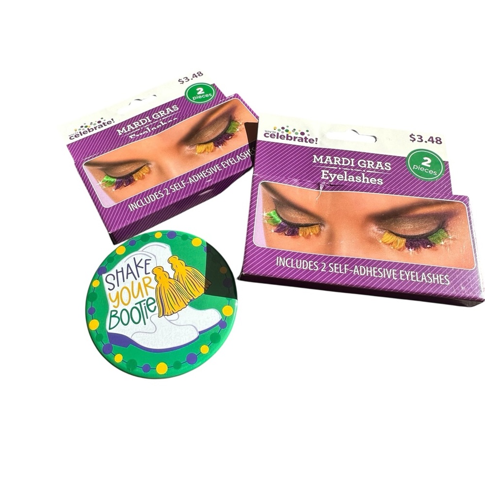 Mardi Gras Eyelashes and Shake Your Bootie Pin